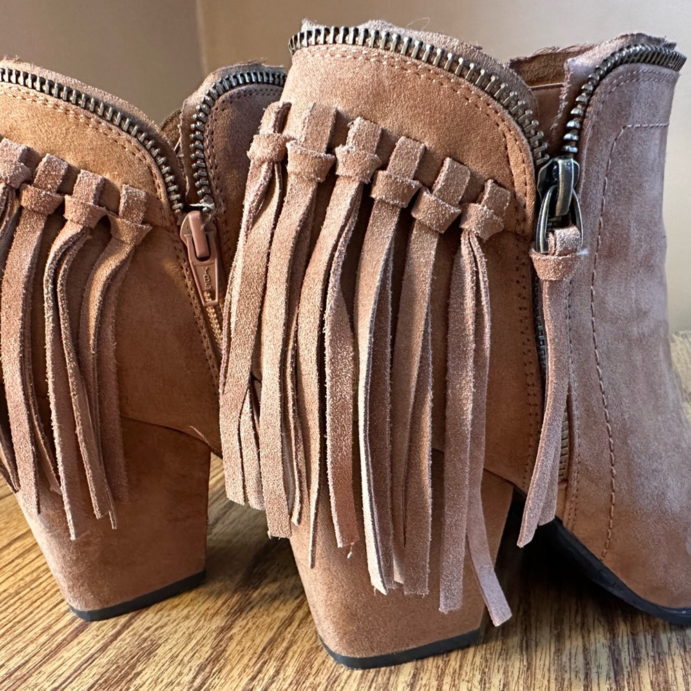 DV by Dolce Vita Tan Suede Fringe Heeled Boots - Picture 5 of 16